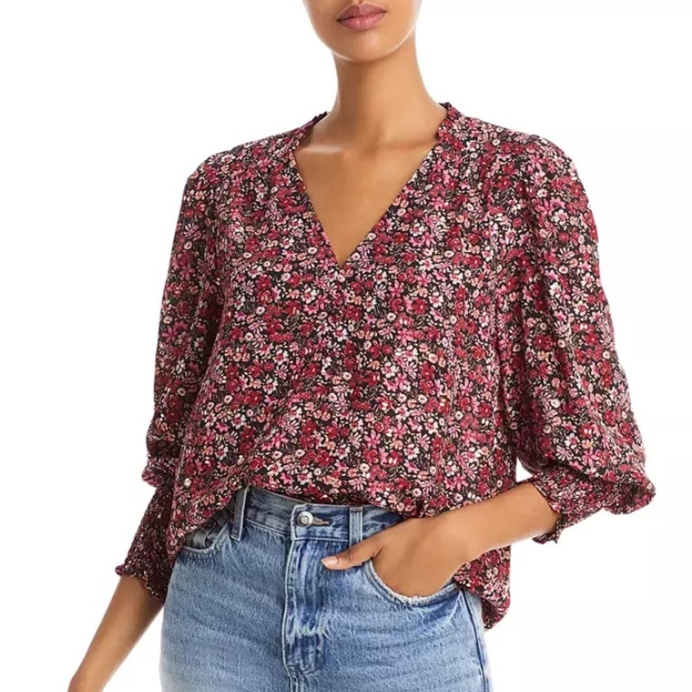 Aqua Floral Smocked Sleeve Top‎ V- Neck Long Sleeve Pullover Small